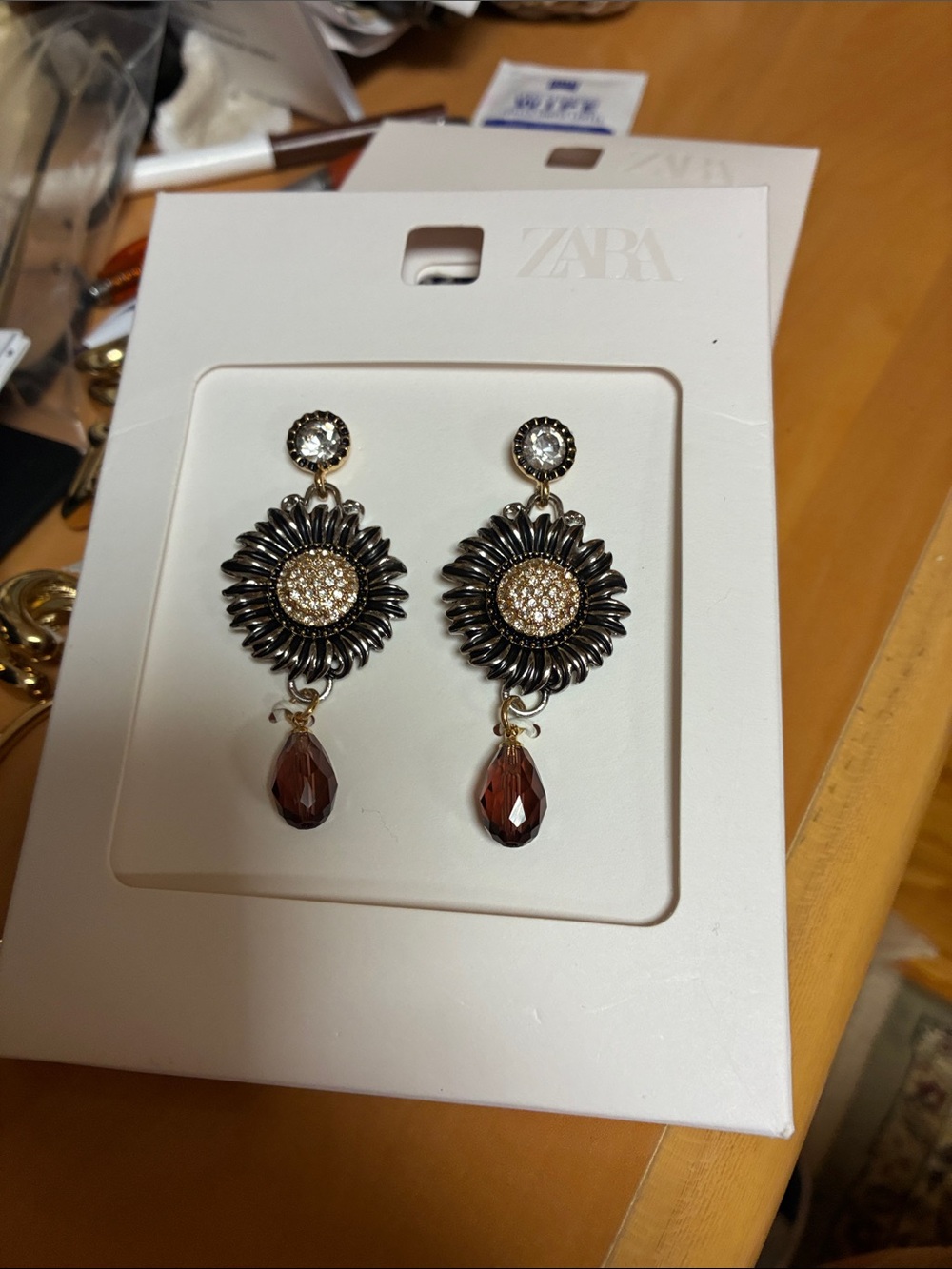 ZARA Black and Brown Floral Crystal Drop Earrings